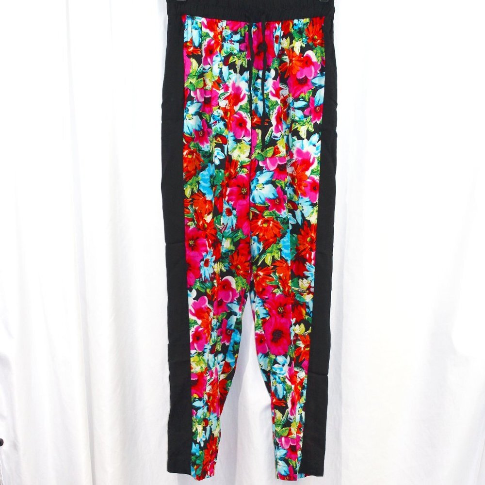 Pink Rose Black Floral Pull On Lightweight Pants NWT